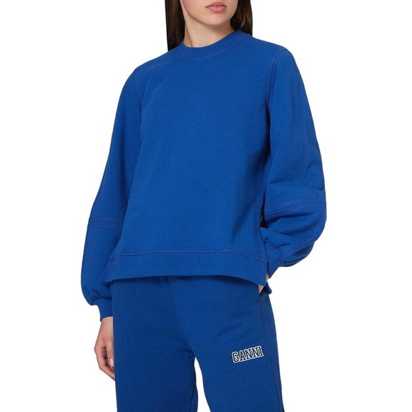 Ganni Tops - Ganni Blue Crew Neck Long Balloon Sleeve Side Slits Pullover Sweatshirt Size L